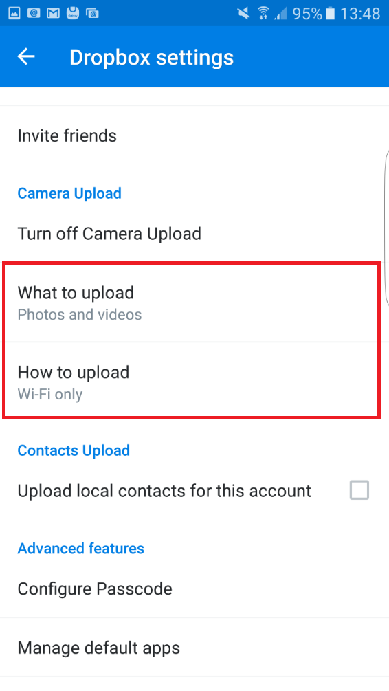 Samsung Galaxy S6 Edge dropbox choose turn on camera upload settings