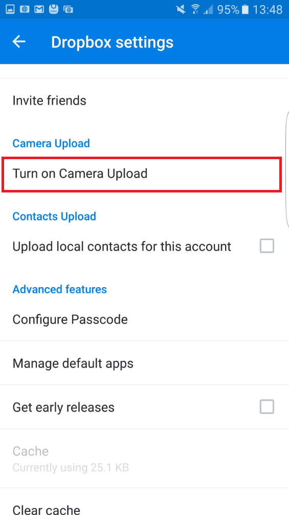 Samsung Galaxy S6 Edge dropbox choose turn on camera upload