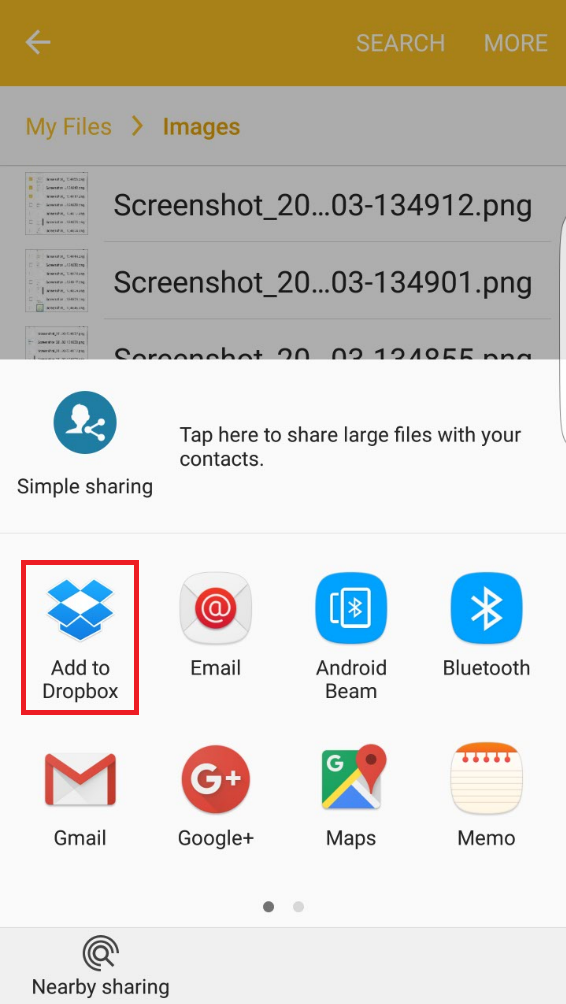 Samsung Galaxy S6 Edge share my files choose add to dropbox